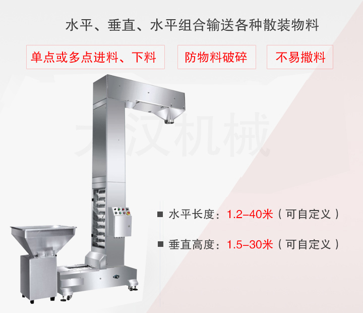 Z型斗式提升機主要用于水平、垂直、水平組合輸送散裝物料，不易撒料、物料破損率低、能單點或多點下料